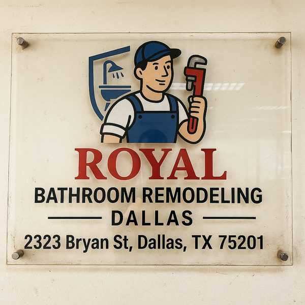 Royal Bathroom Remodeling Dallas sign showing the address 2323 Bryan St, Dallas, TX 75201
